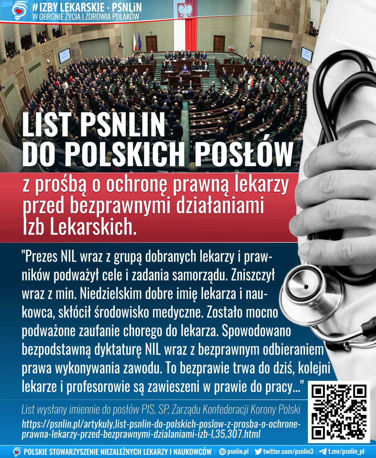 List PSNLiN do Polskich Posłów z prośbą o ochronę lekarzy przed Izbami Lekarskimi