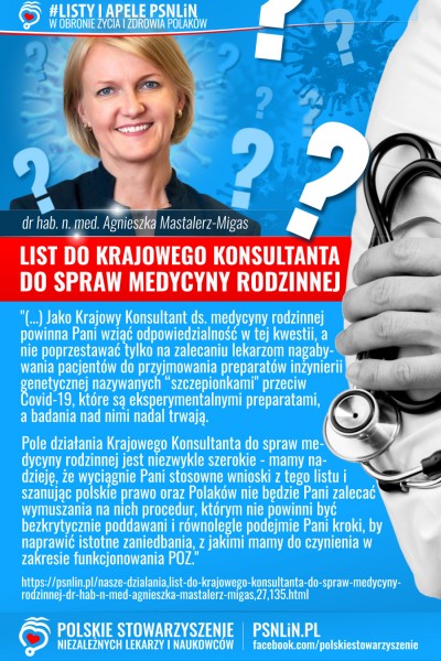 List do krajowego konsultanta do spraw medycyny rodzinnej - dr hab. n. med. Agnieszka Mastalerz-Migas