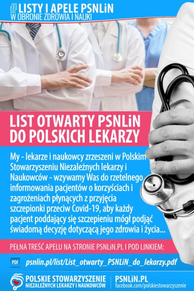 Apel Polskiego Stowarzyszenia Niezależnych Lekarzy i Naukowców do Polskich Lekarzy