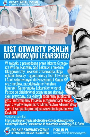 List otwarty Polskiego Stowarzyszenia Niezależnych Lekarzy i Naukowców do Samorządu Lekarskiego - Listy i apele PSNLiN