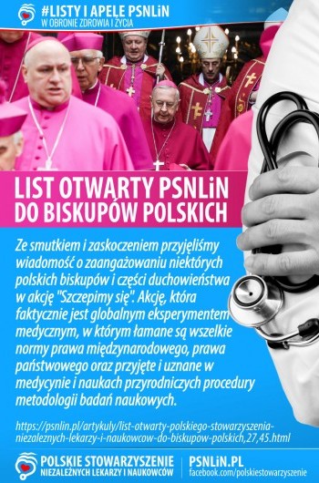 Listy i apele PSNLiN - List otwarty Polskiego Stowarzyszenia Niezależnych Lekarzy i Naukowców do biskupów polskich.