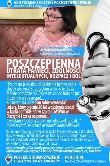 Niepożądane odczyny poszczepienne PSNLiN - Poszczepienna utrata pamięci, zdolności intelektualnych, rozpacz i ból dr Izabeli Radziwiłłowicz.
