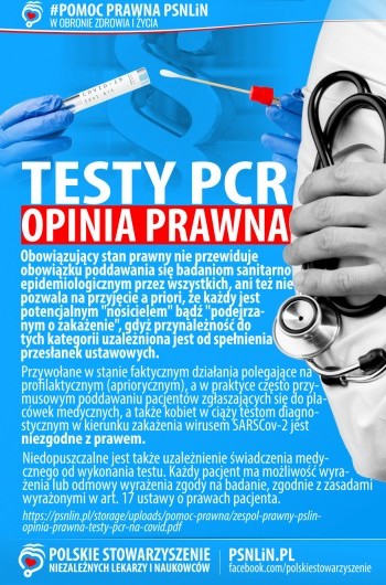 Memy PSNLiN - Opinia prawna dotycząca wykonywania TESTÓW PCR na Covid - Zespół Prawny PSLiN