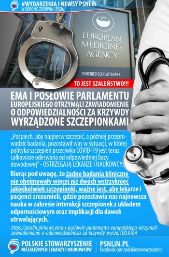 Memy PSNLiN - EMA i posłowie Parlamentu Europejskiego otrzymali zawiadomienie o odpowiedzialności za krzywdy wyrządzone szczepionkami
