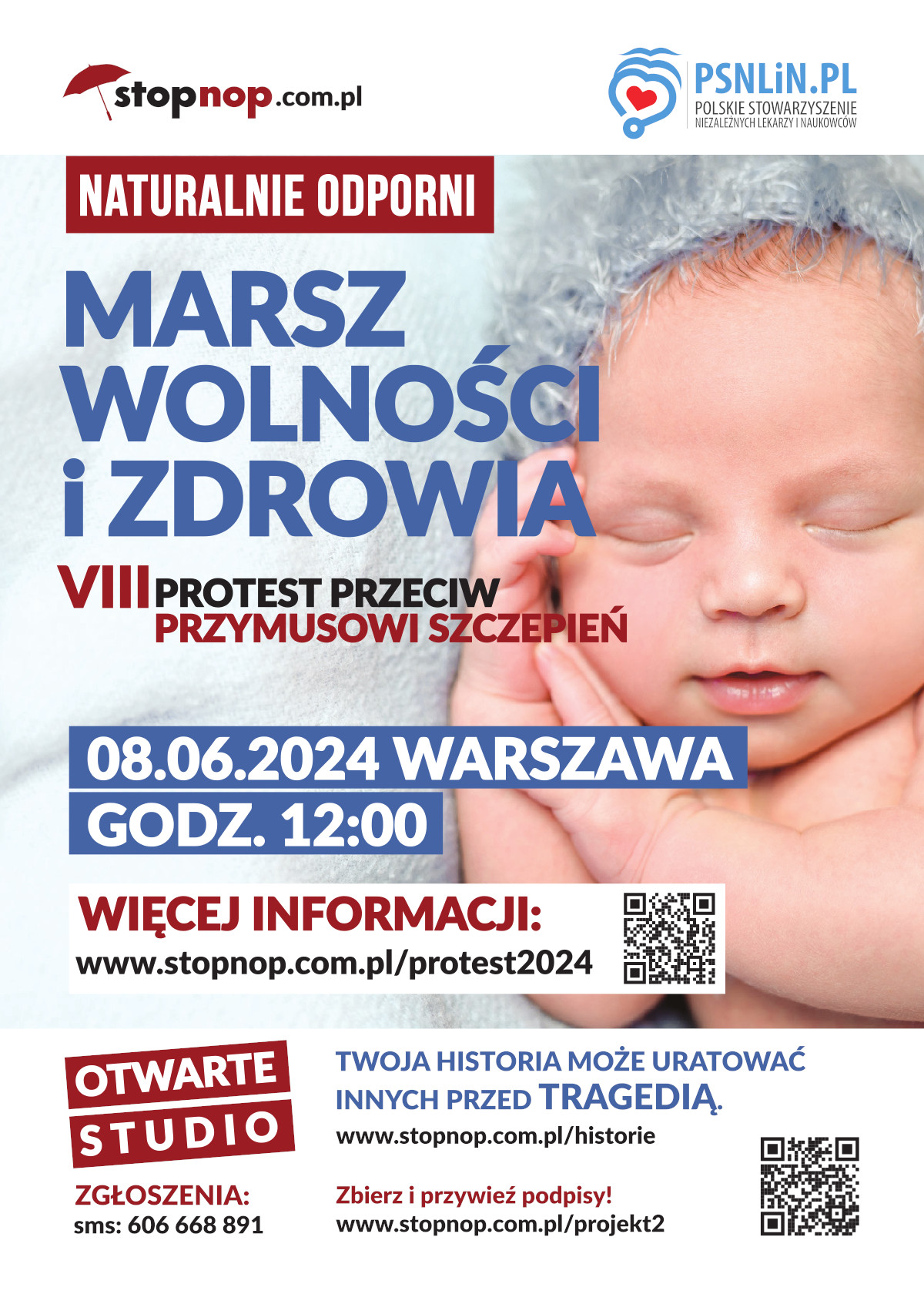 ULOTKA MARSZ WOLNOŚCI I ZDROWIA VIII PROTEST PRZECIW PRZYMUSOWI SZCZEPIEŃ 08.06.2024