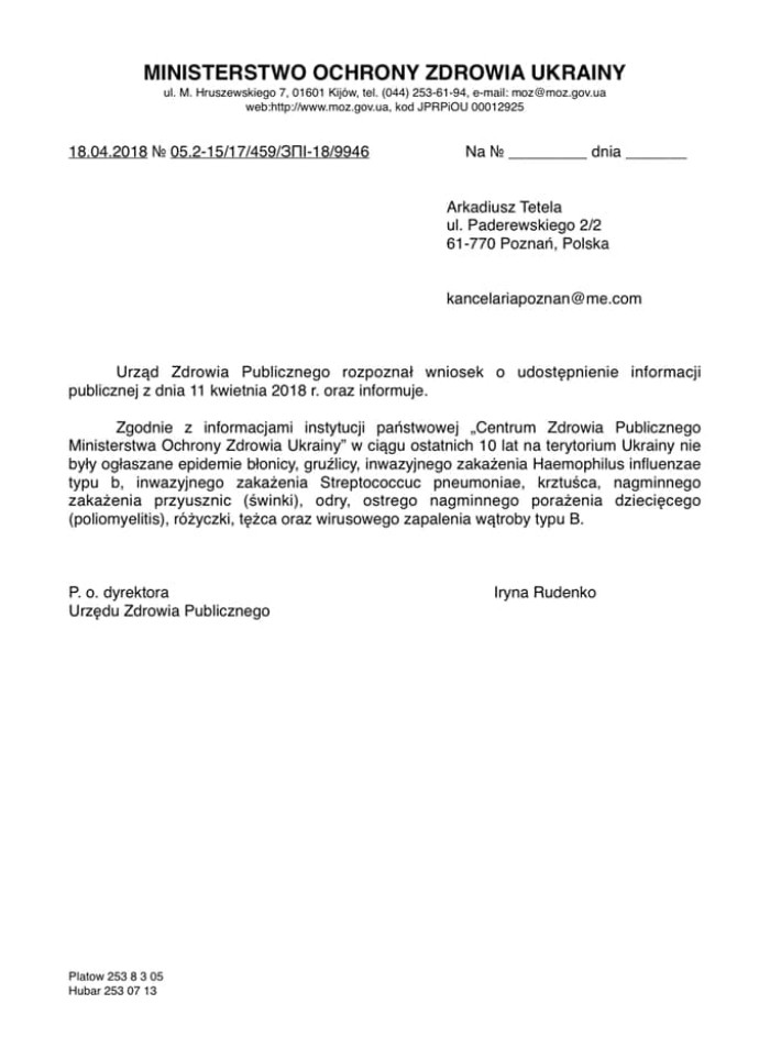 pismo z ministerstwa ochrony zdrowia ukrainy o braku epidemi odry