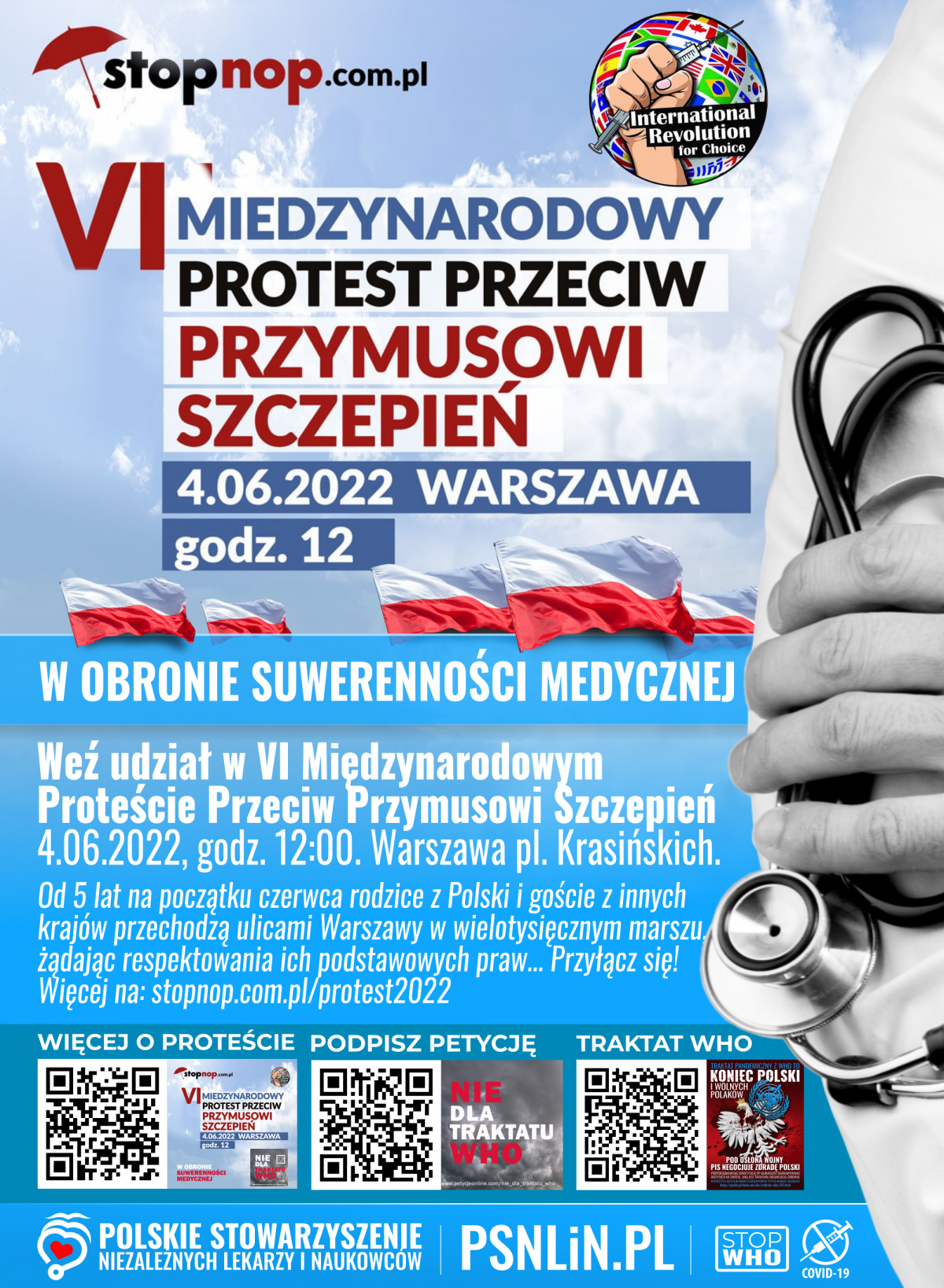 VI Międzynarodowy Protest Przeciw Przymusowi Szczepień - Warszawa 4 czerwca 2022 - PSNLiN