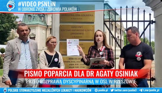 Pismo poparcia dla dr Agaty Osiniak z PSNLiN złożone do Okręgowego Sądu Lekarskiego w Rzeszowie